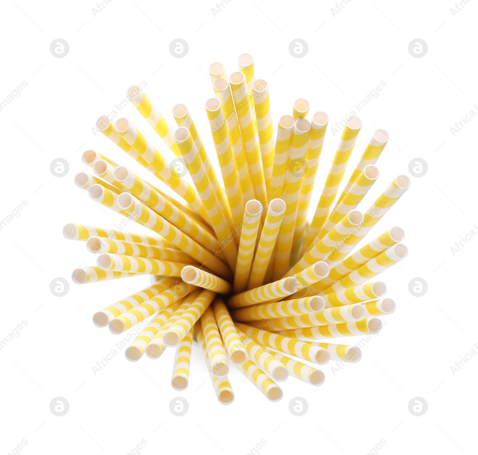 Photo of Striped paper cocktail tubes on white background, top view