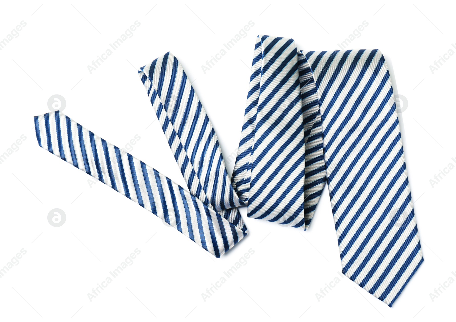 Photo of Striped male tie isolated on white, top view