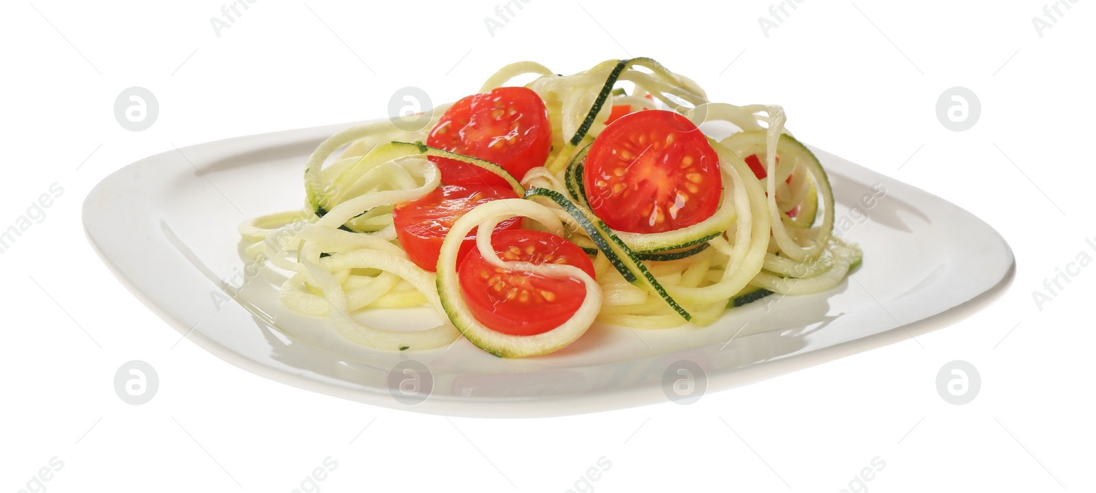 Photo of Delicious fresh zucchini pasta with cherry tomatoes on white background