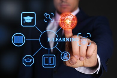 Image of E-learning. Man using virtual scheme with with different icons on dark background, closeup