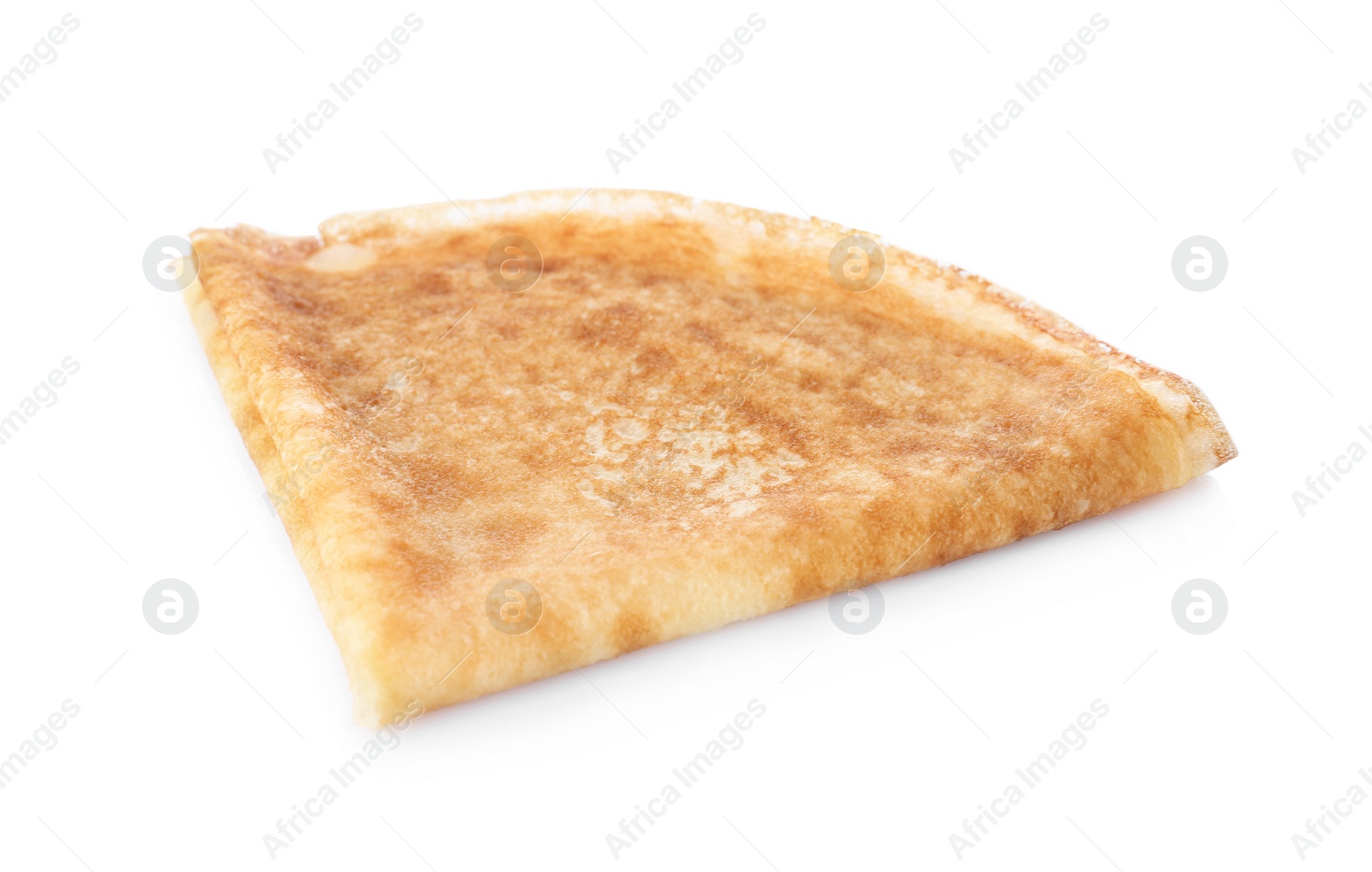 Photo of Tasty thin folded pancake on white background