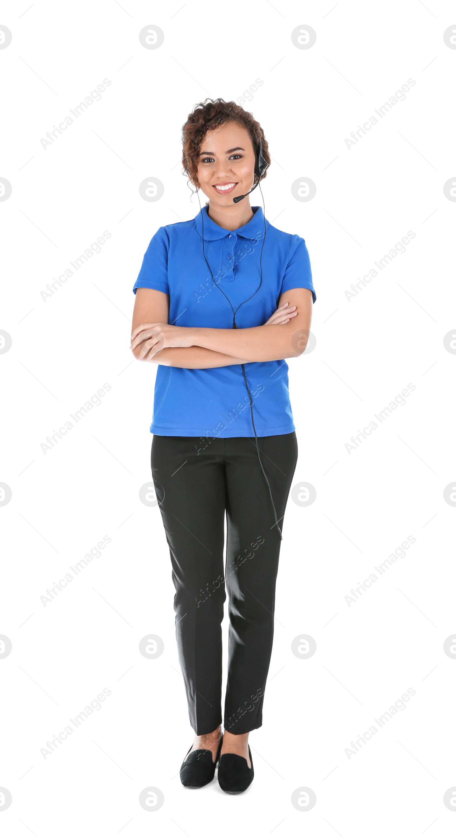 Photo of African-American technical support operator with headset isolated on white