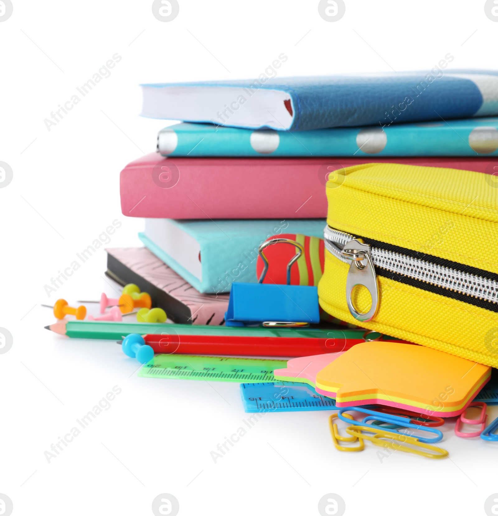 Photo of Different colorful stationery on white background. Back to school