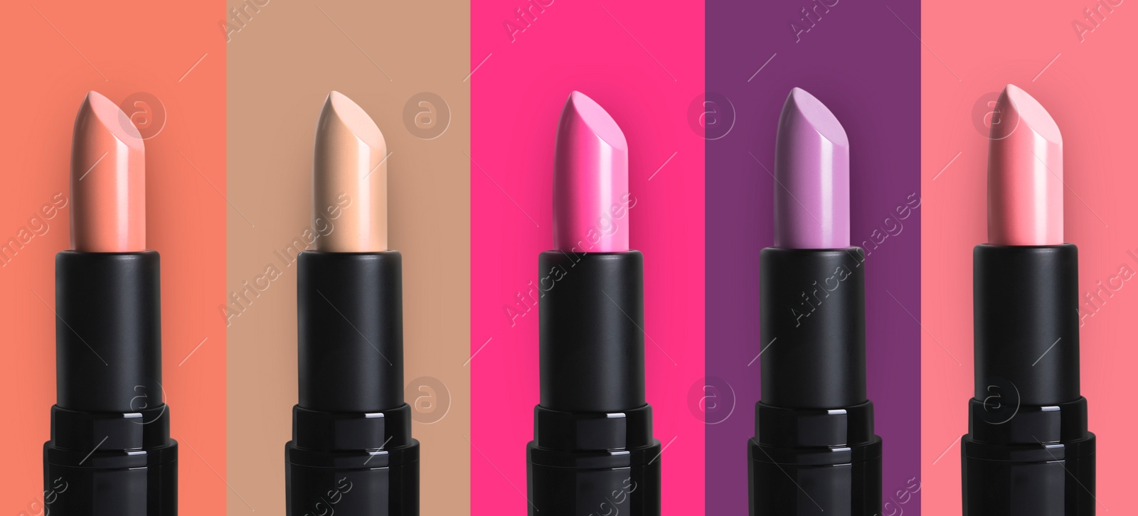 Image of Set with beautiful lipsticks on different color backgrounds. Banner design