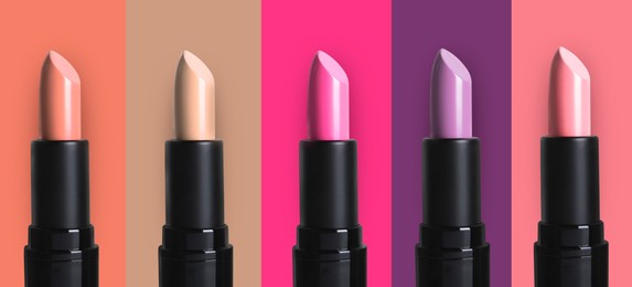 Image of Set with beautiful lipsticks on different color backgrounds. Banner design