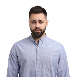 Portrait of sad man on white background