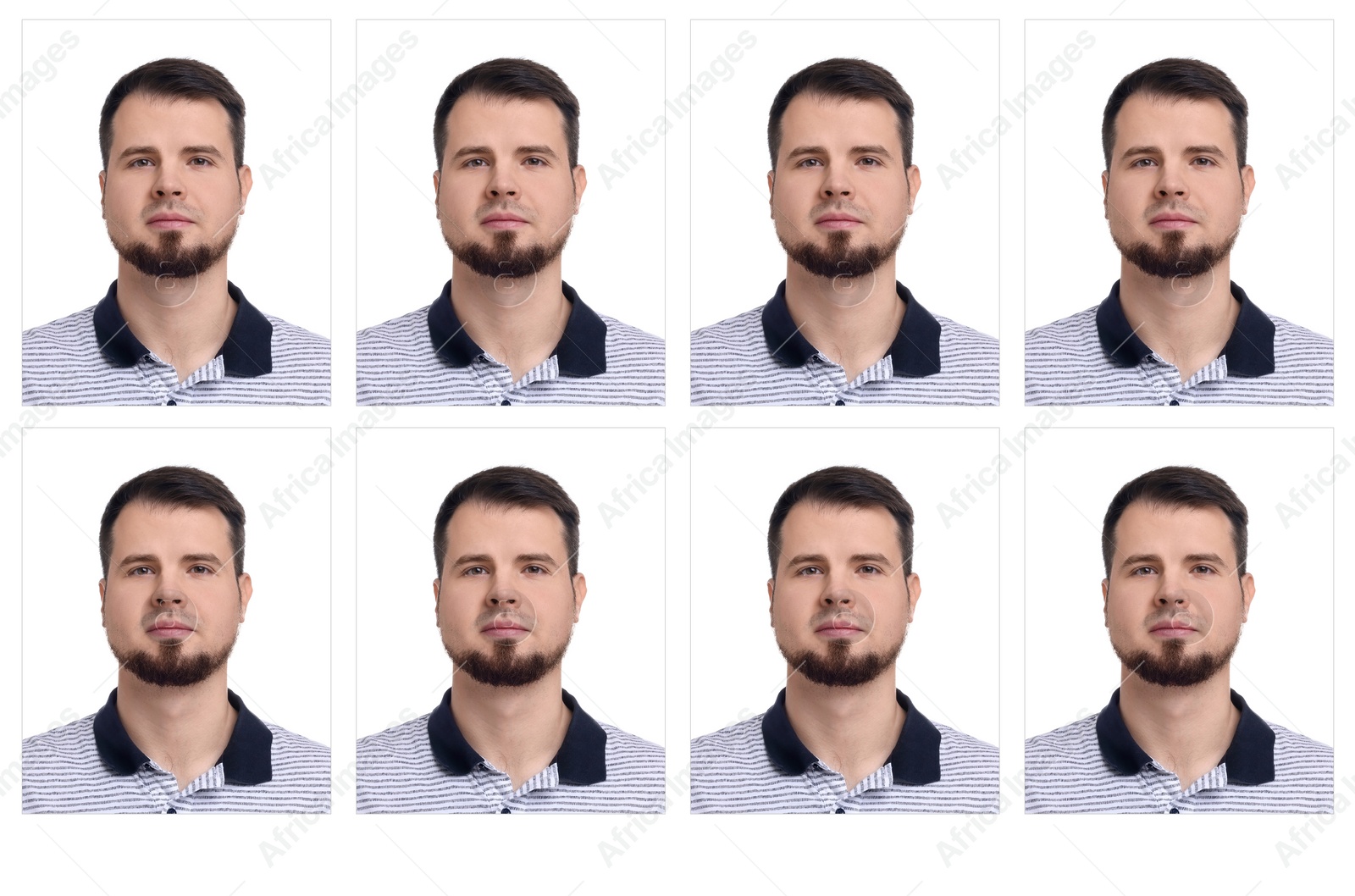 Image of Passport photo, collage. Man on white background, set of photos