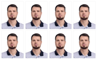 Image of Passport photo, collage. Man on white background, set of photos