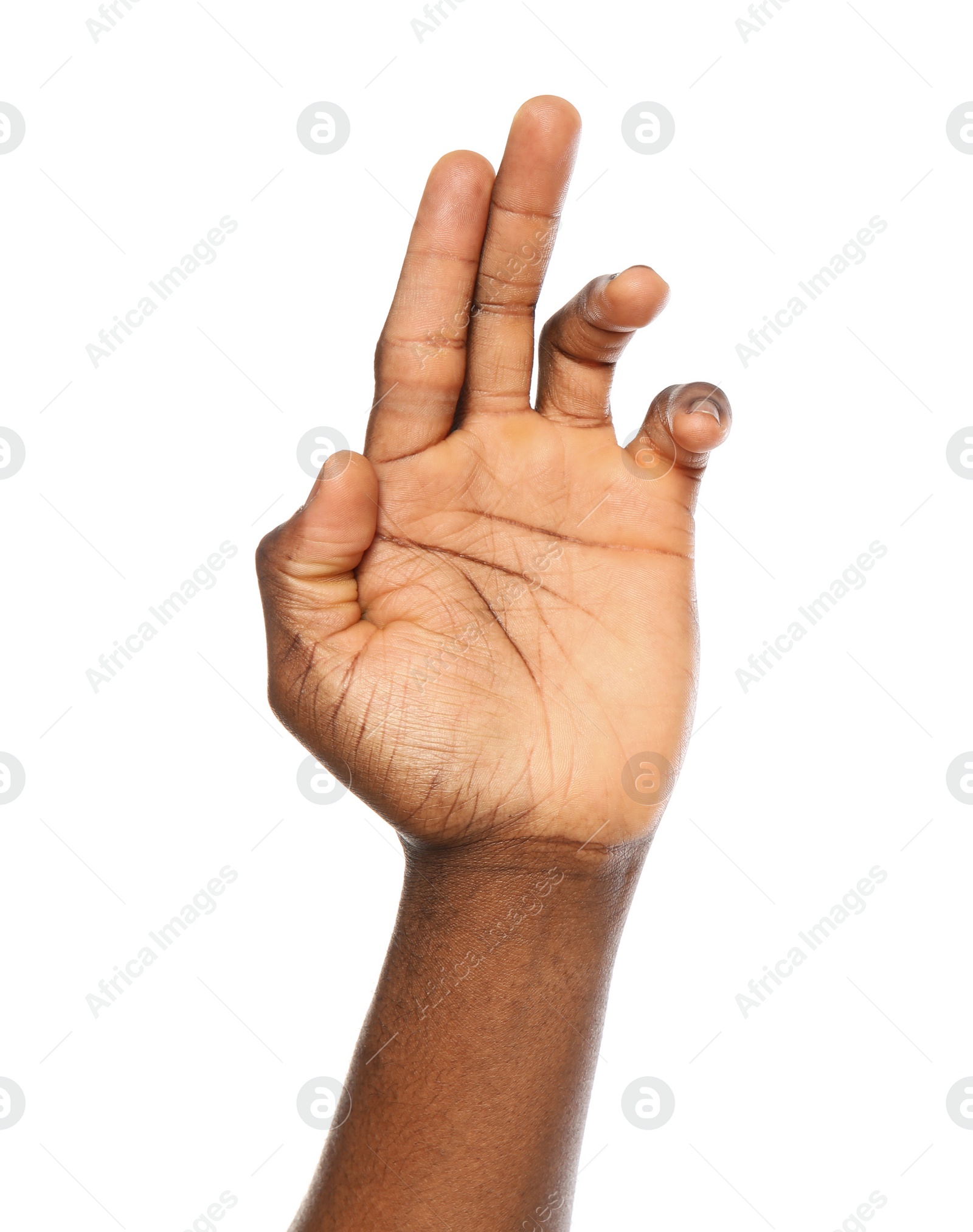 Photo of African-American man showing hand gesture on white background, closeup