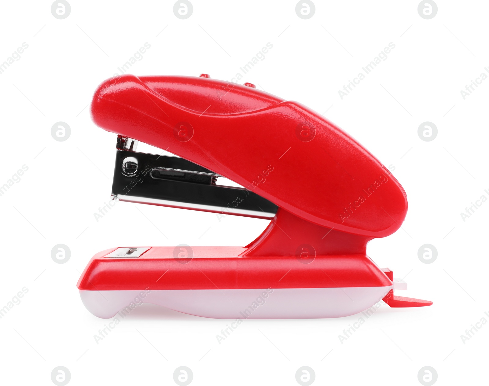 Photo of One new red stapler isolated on white