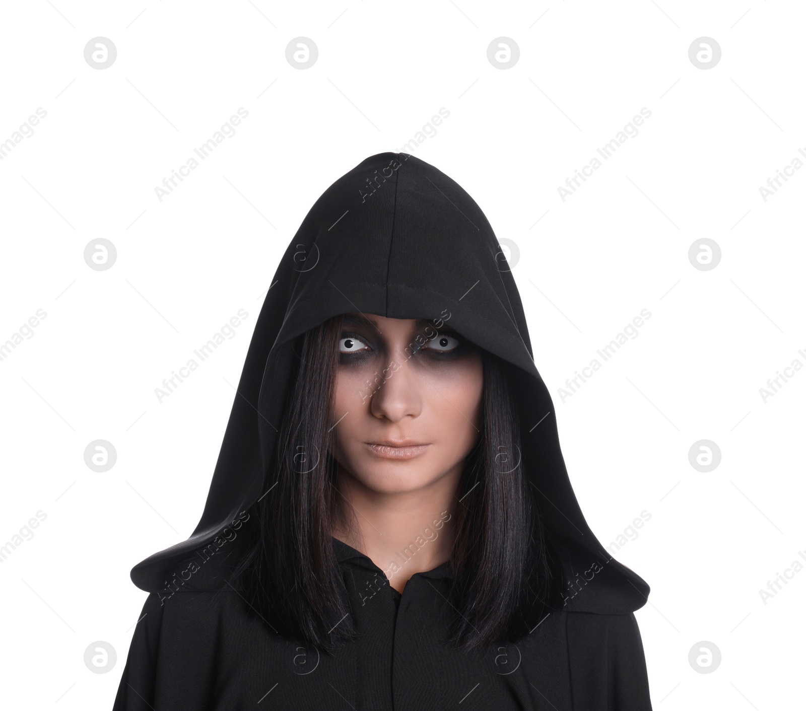 Photo of Mysterious witch with spooky eyes on white background