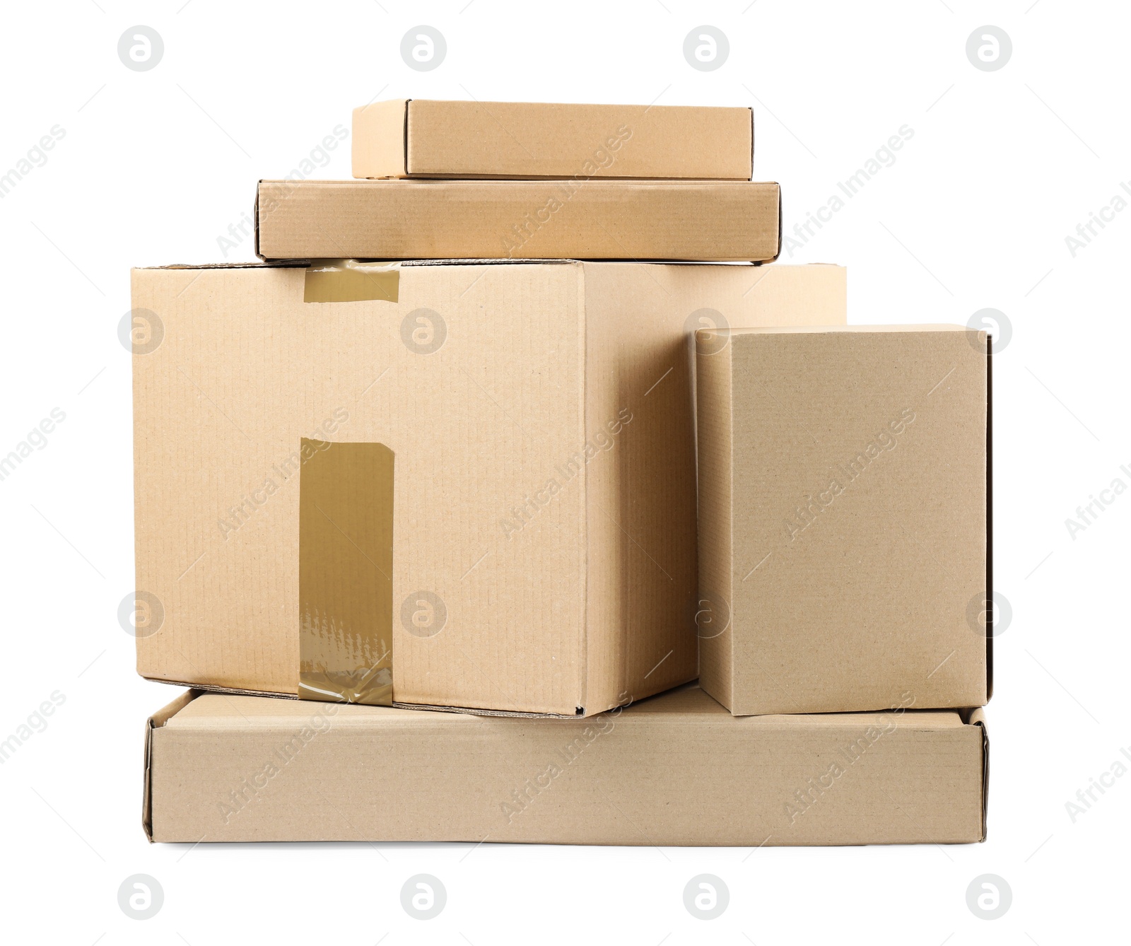 Photo of Pile of cardboard boxes on white background