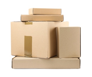 Pile of cardboard boxes on white background