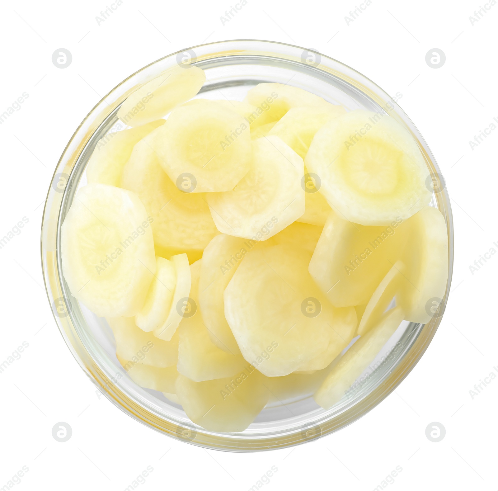 Photo of Pieces of raw carrot in glass bowl isolated on white, top view