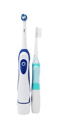 Photo of Electric toothbrushes on white background. Dental care