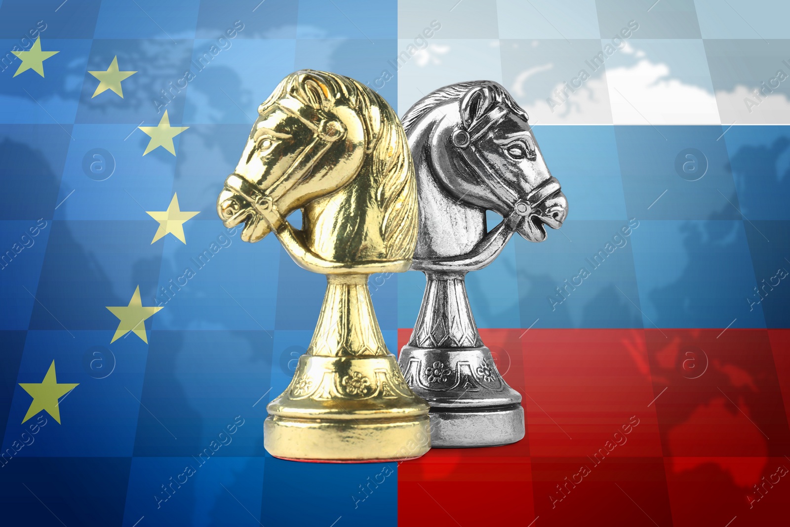 Image of Russian and European Union flags, world map and chess pieces