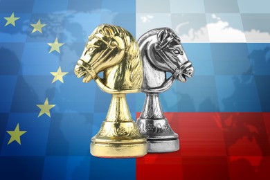 Russian and European Union flags, world map and chess pieces