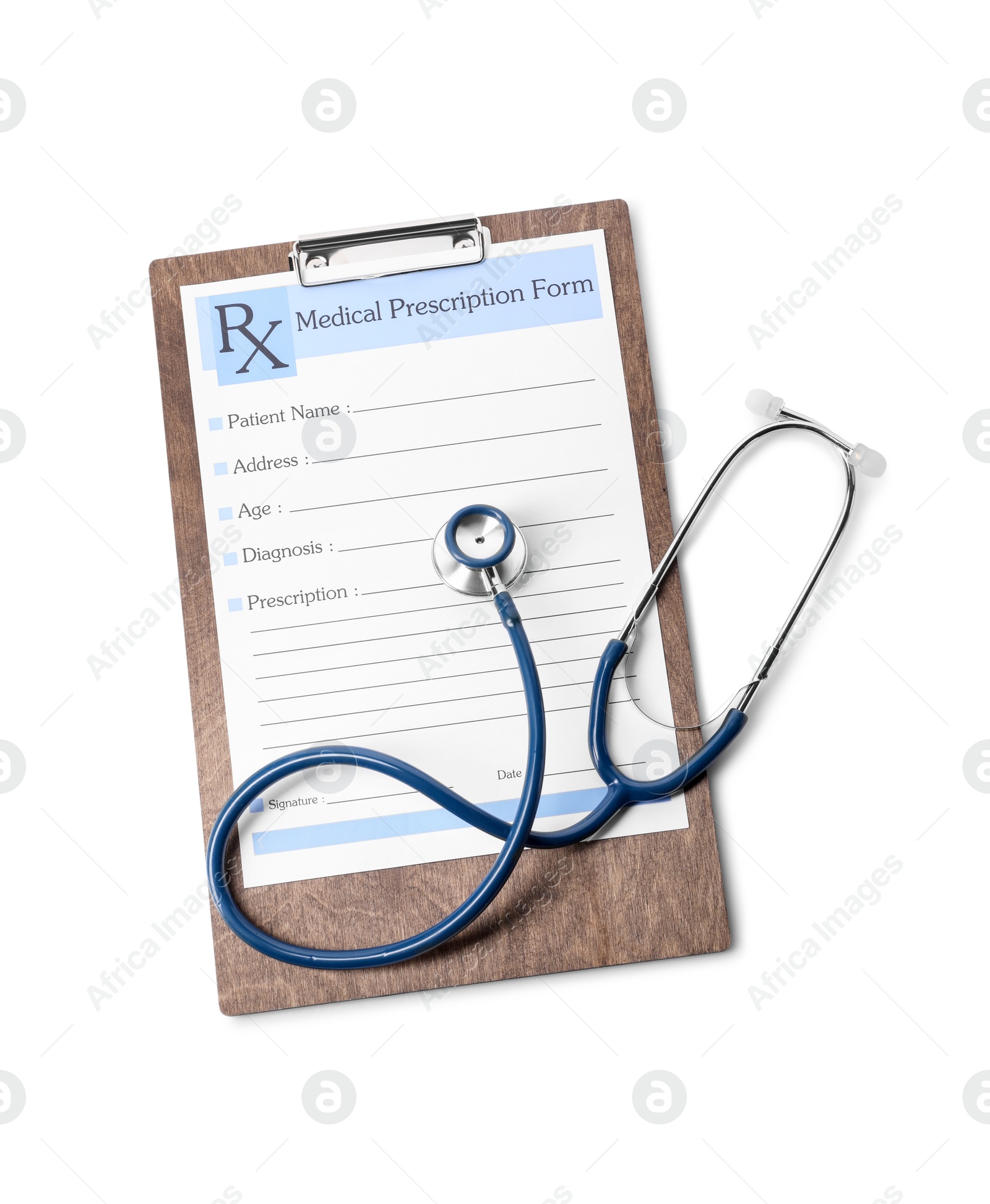 Photo of Clipboard with medical prescription form and stethoscope on white background, top view