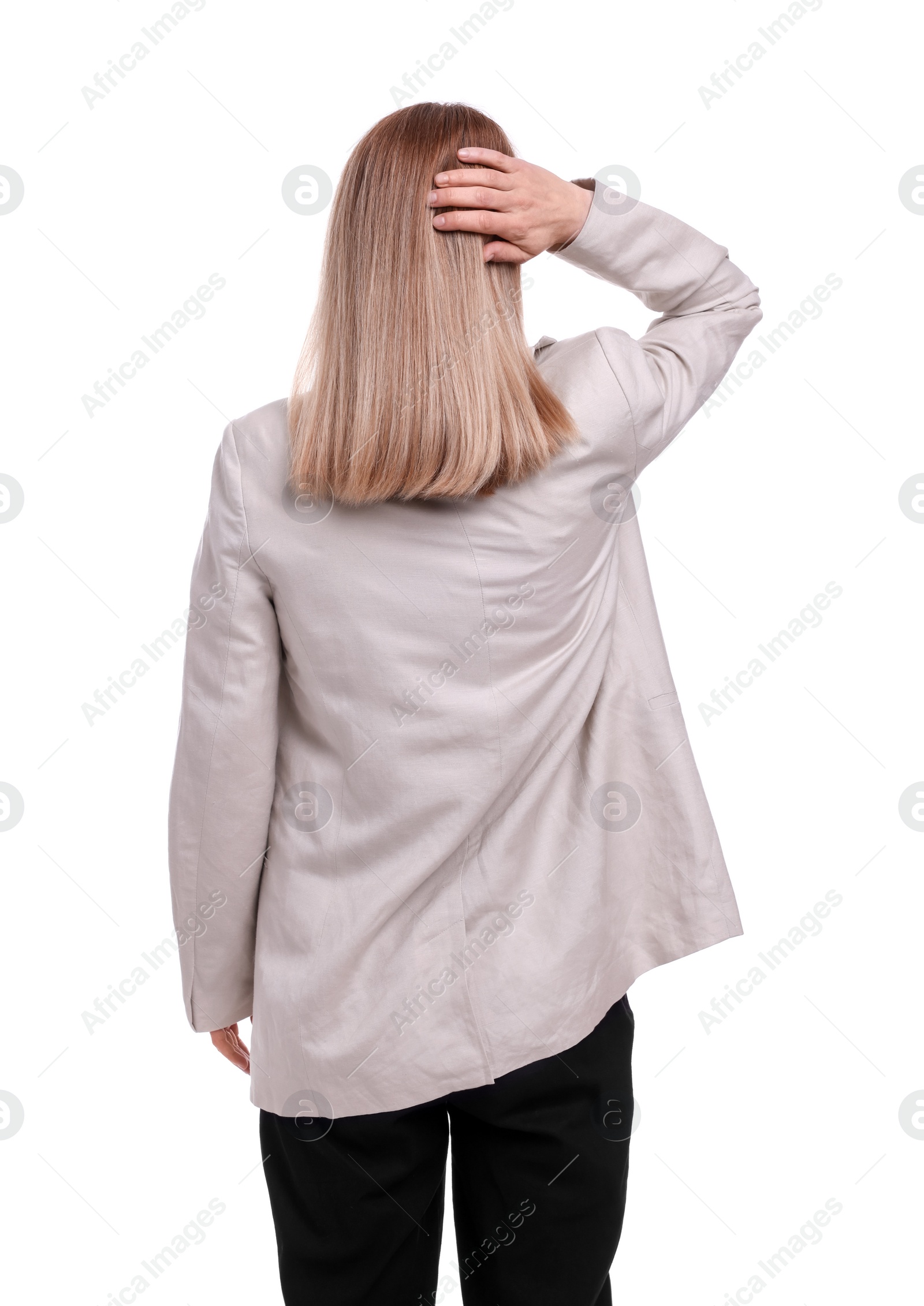 Photo of Businesswoman posing on white background, back view