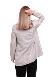 Businesswoman posing on white background, back view