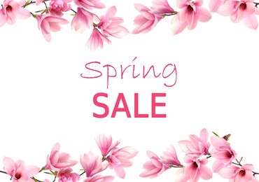 Image of Spring sale flyer design with text and beautiful magnolia flowers on white background