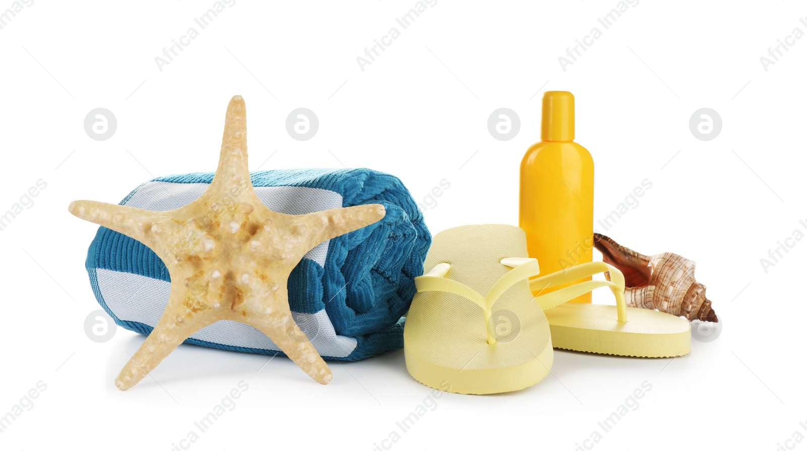 Photo of Different stylish beach accessories on white background