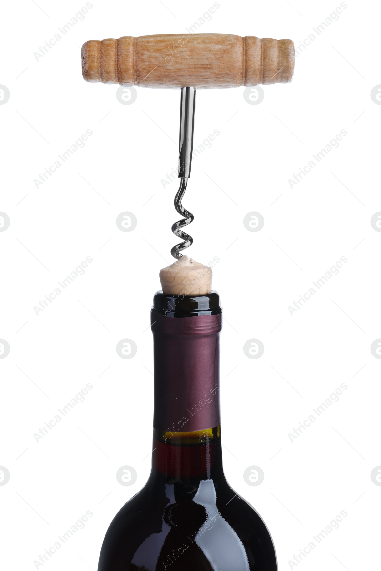 Photo of Opening bottle of wine with corkscrew on isolated background