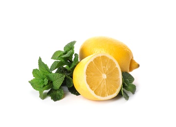 Photo of Mint and lemons on white background. Cough remedies
