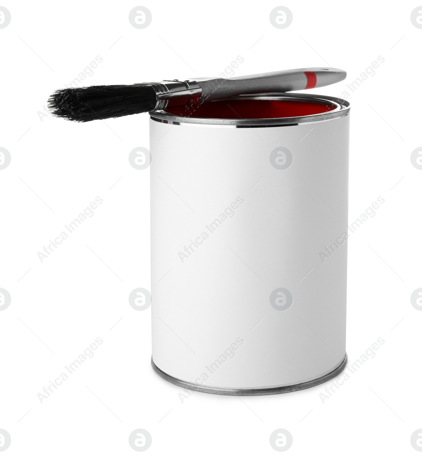 Photo of Paint can and brush on white background