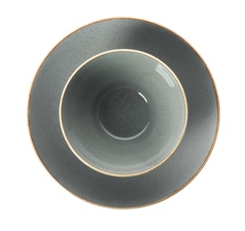 New grey ceramic plate and bowl on white background, top view
