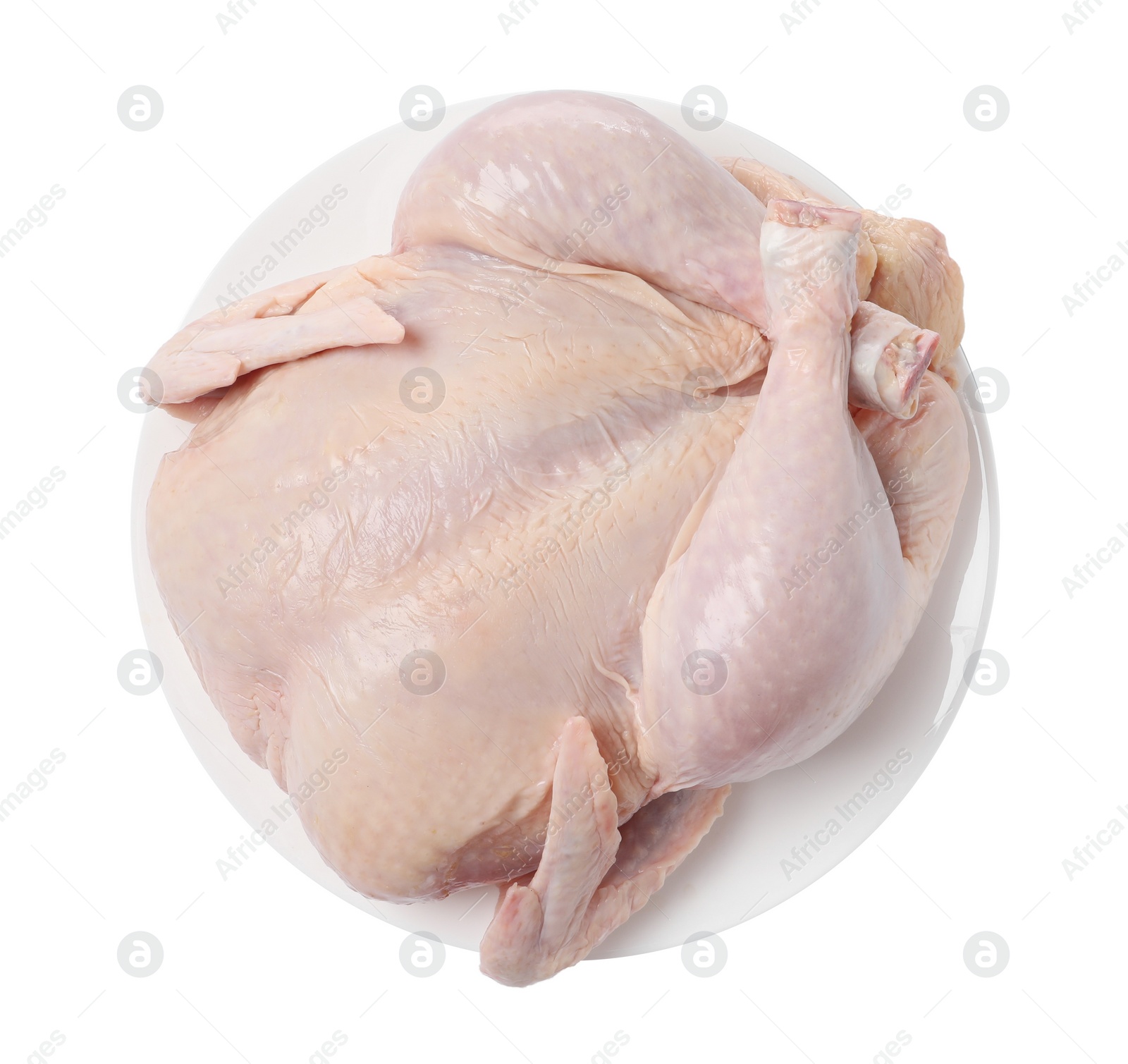 Photo of One fresh raw chicken isolated on white, top view