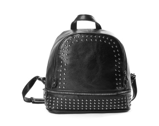 Photo of Stylish black leather backpack isolated on white