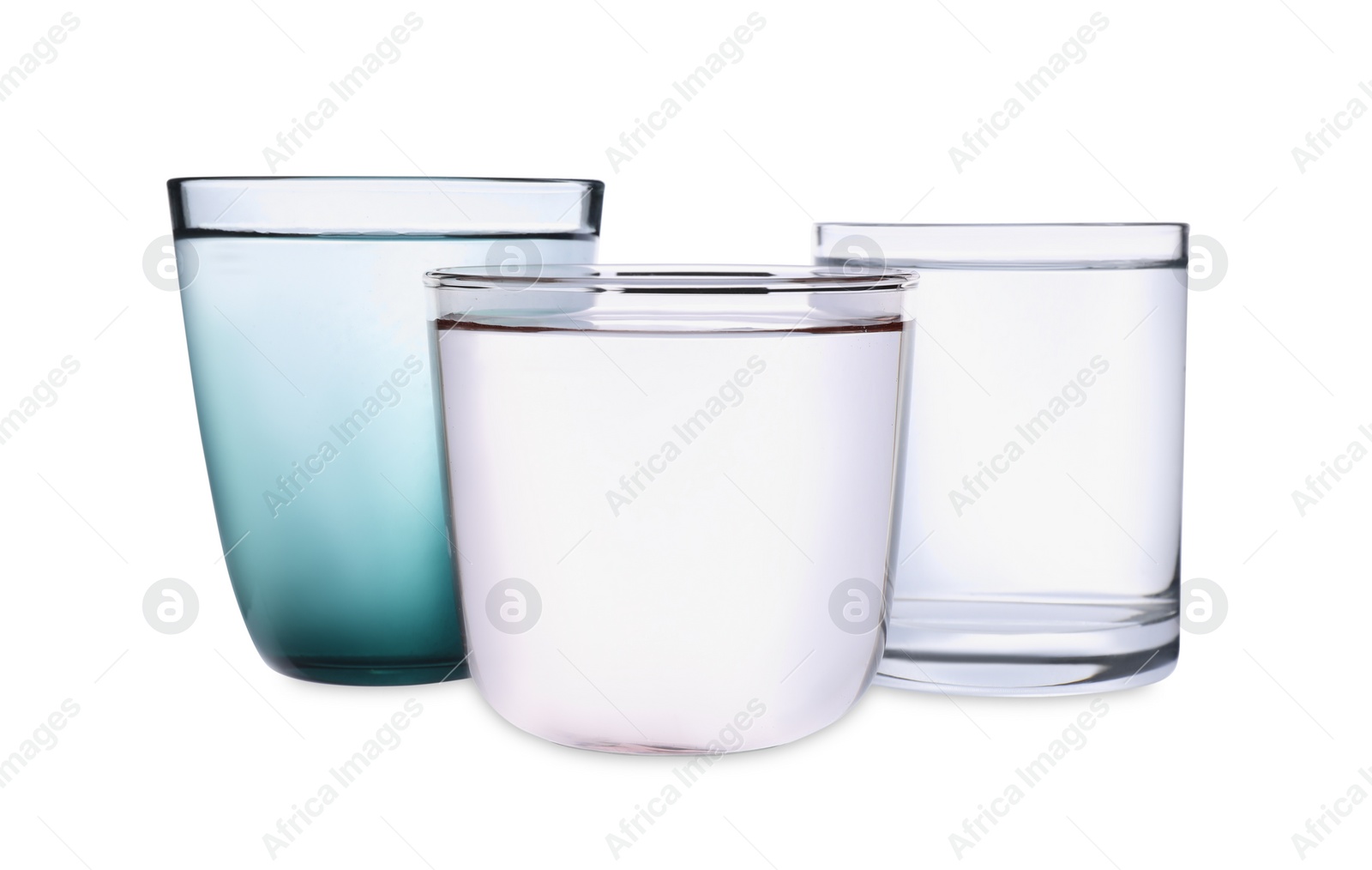 Photo of Different glasses of water on white background