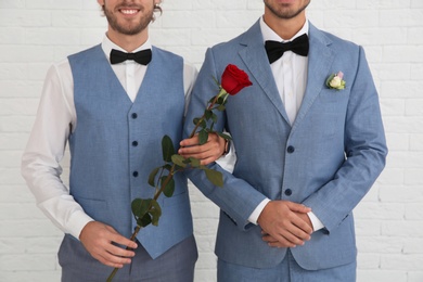 Photo of Newlywed gay couple with rose near white wall, closeup