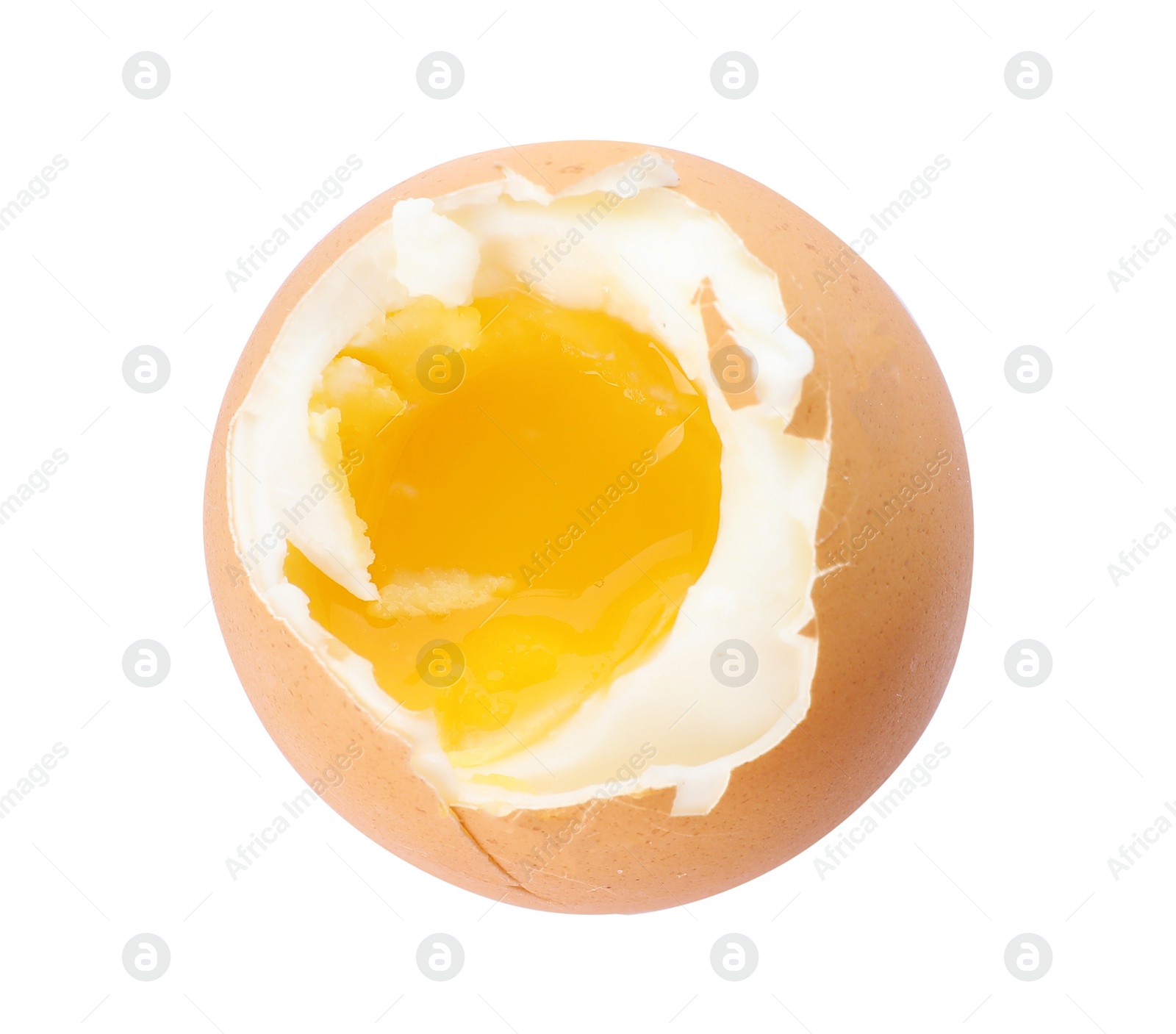 Photo of Soft boiled egg on white background, top view