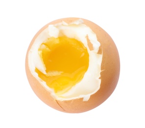 Photo of Soft boiled egg on white background, top view