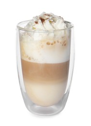 Photo of Delicious latte with whipped cream in glass isolated on white