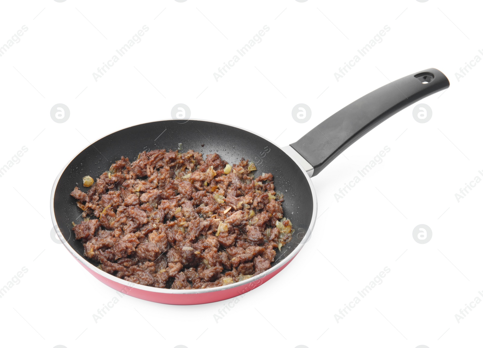 Photo of Pan with fried minced meat isolated on white