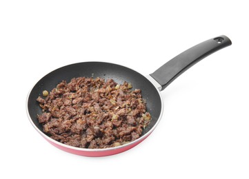 Photo of Pan with fried minced meat isolated on white