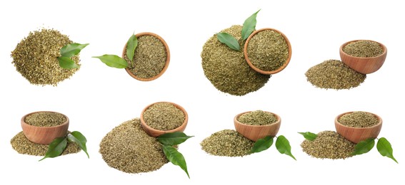 Set with yerba mate leaf mix on white background. Banner design