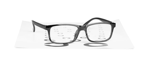 Photo of Glasses and vision test chart isolated on white