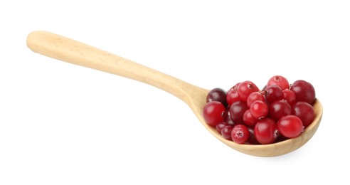 Photo of Wooden spoon with fresh ripe cranberries isolated on white