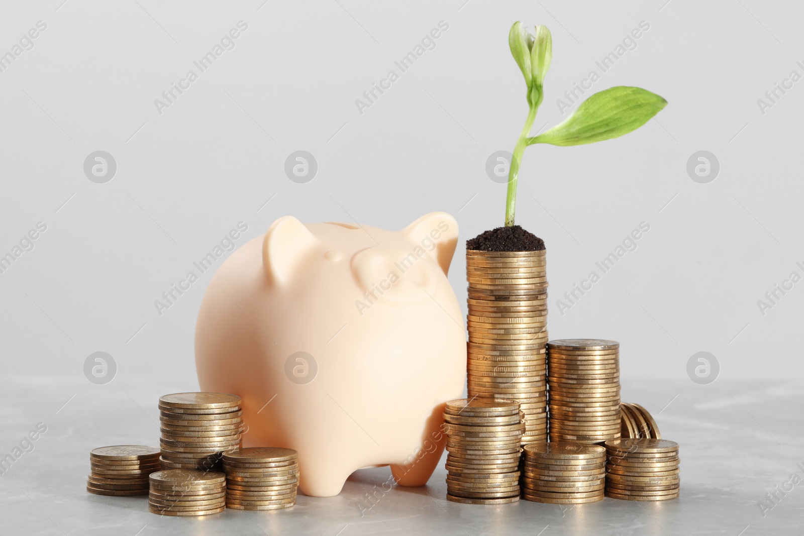 Photo of Stacks of coins with flower and piggy bank on grey table. Investment concept