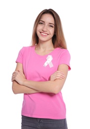 Photo of Woman with silk ribbon on white background. Breast cancer awareness concept