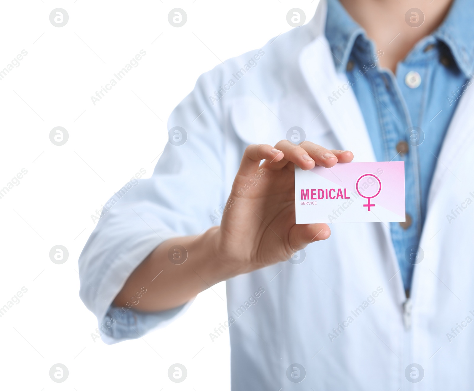 Photo of Doctor holding medical business card isolated on white, closeup. Women's health service