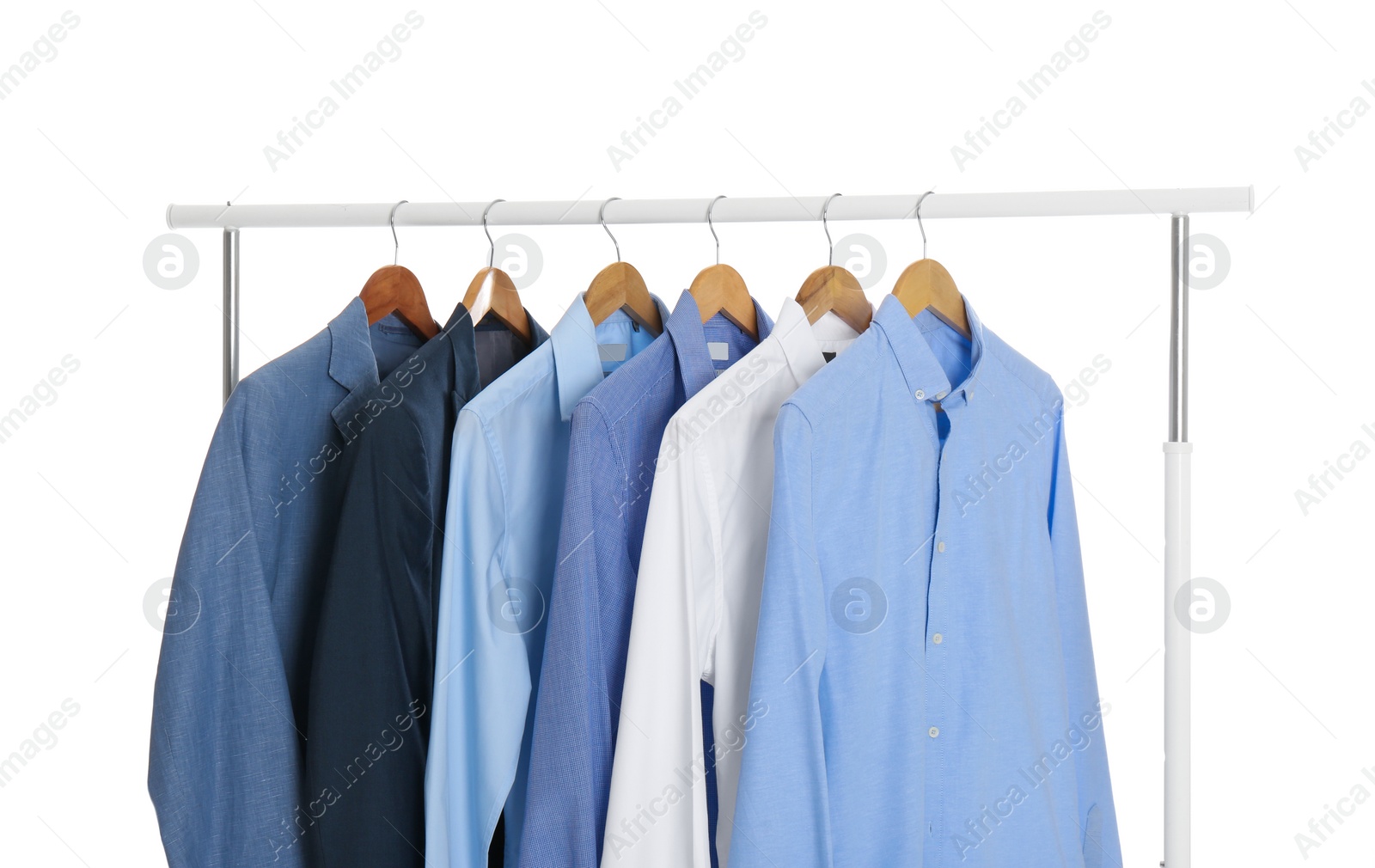 Photo of Rack with stylish men's clothes isolated on white