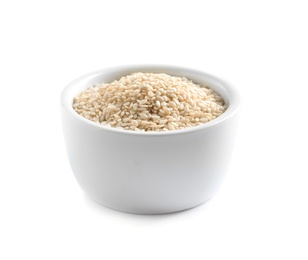 Sesame seeds in bowl on white background. Delicious sauce condiment