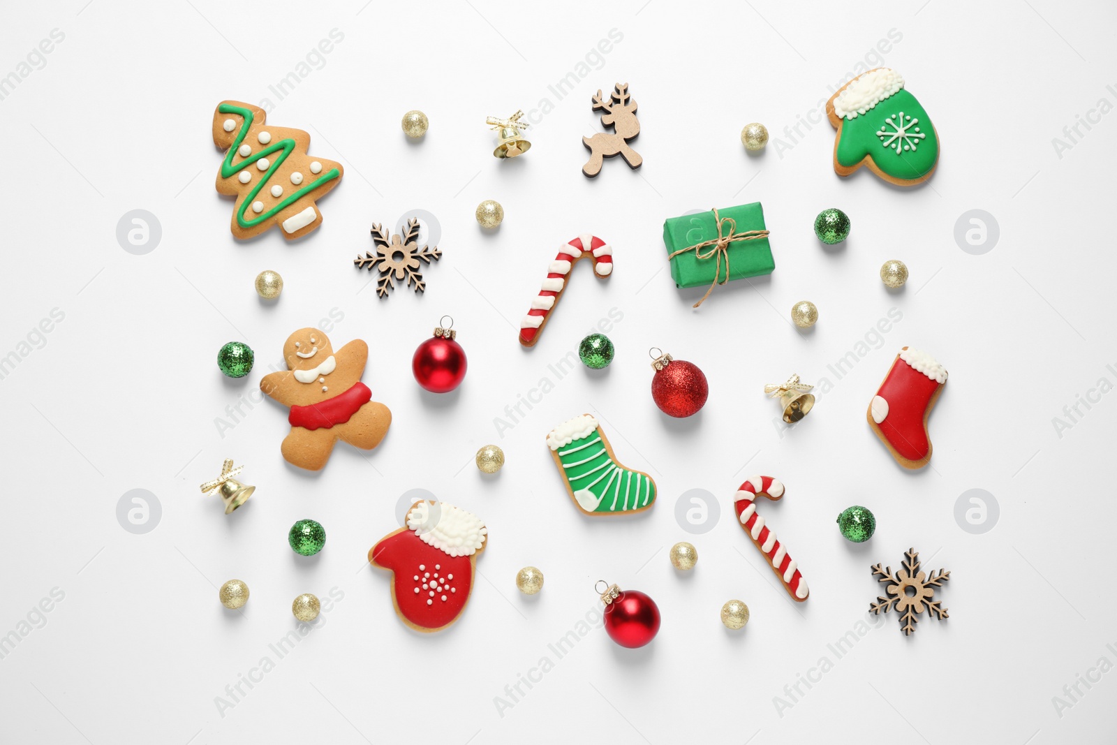 Photo of Flat lay composition with Christmas decorations on white background