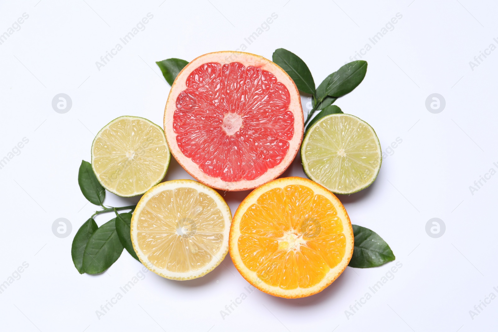 Photo of Different cut citrus fruits and leaves on white table, flat lay