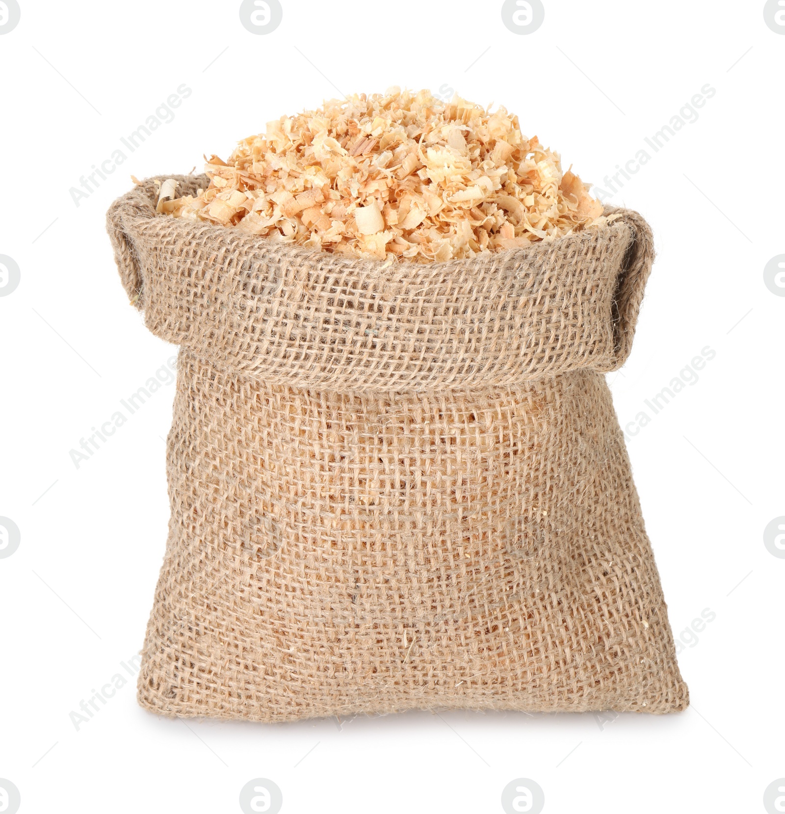 Photo of Natural sawdust in burlap sack isolated on white